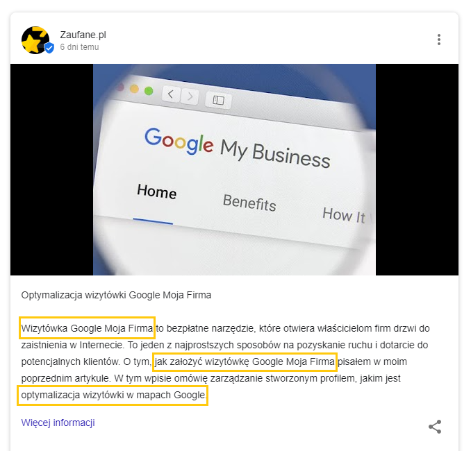 Pozycjonowanie wizytówki Google Moja Firma Zaufane pl